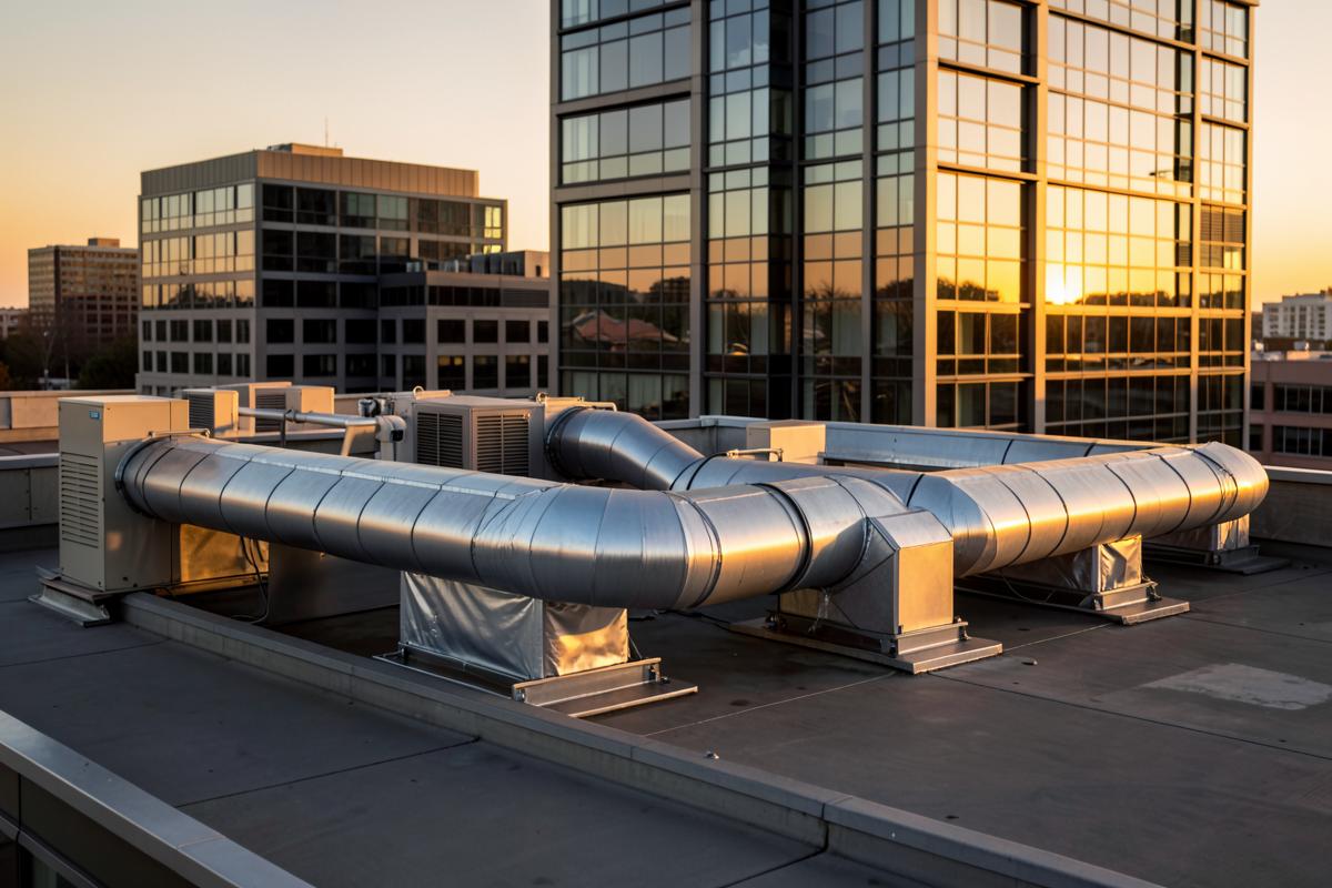Rooftop commercial HVAC ductwork on a Pikesville area office building at sunset