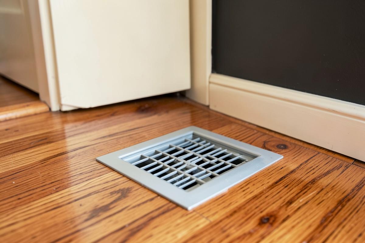 Floor register vent cover set in oak hardwood flooring in a Pikesville-area home